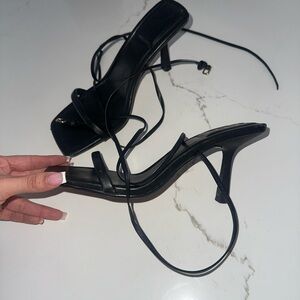 Zara Black Strappy Square-Toe Lace up Heeled Sandals